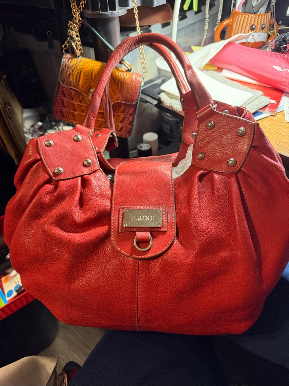 Prune Red Leather Shoulder Bag with Stud Accents